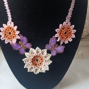 Floral Beaded Necklace with Purple and Orange Accents